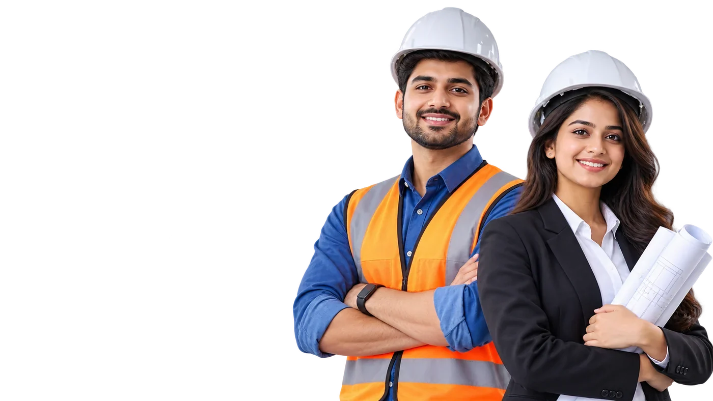 An engineer in a hard hat and safety vest beside a colleague holding blueprints