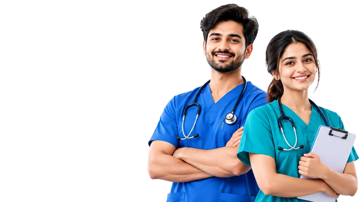 A man and a woman in scrubs with stethoscopes, smiling