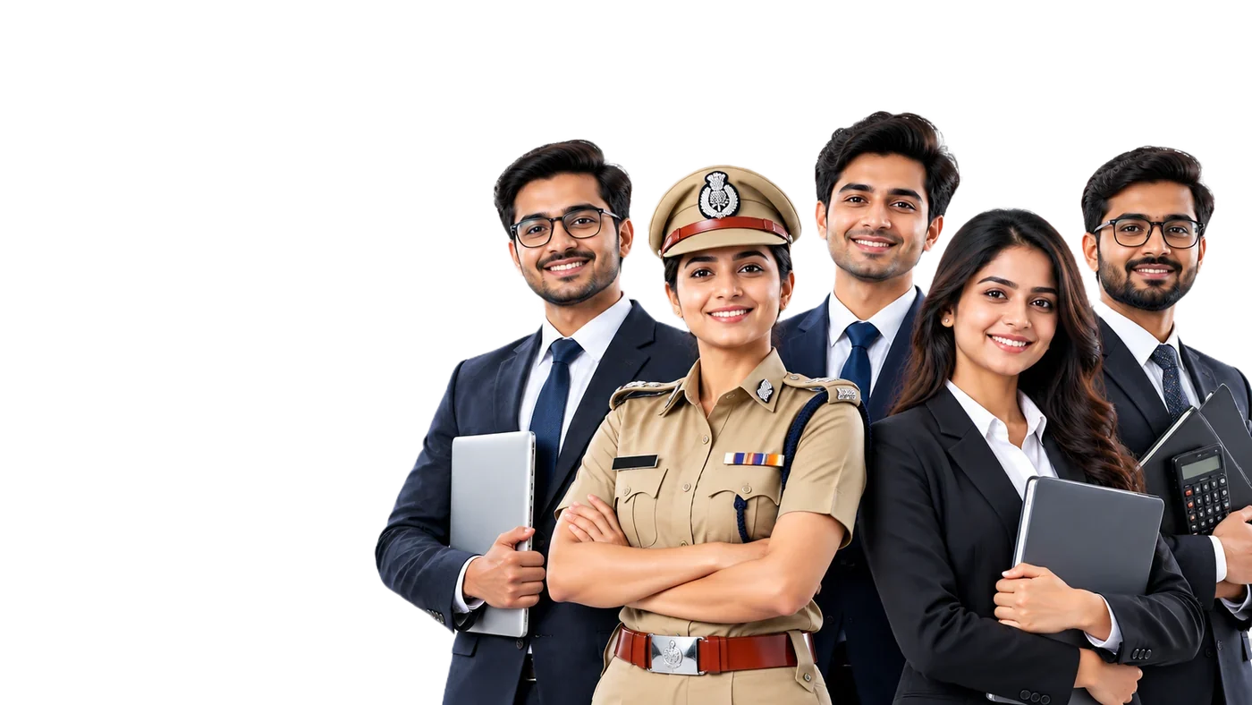 A group of five young professionals including a police officer