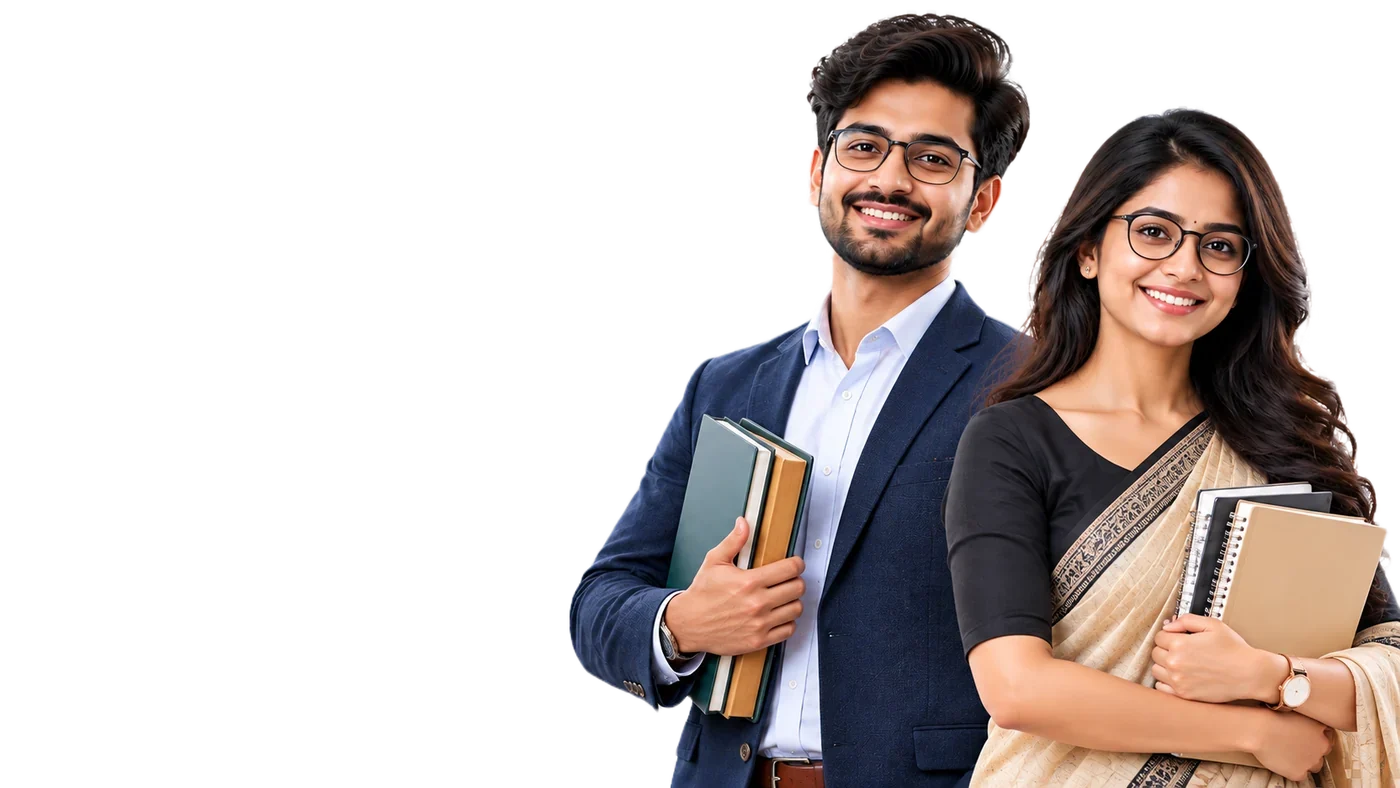 A male and a female teacher holding books and notebooks